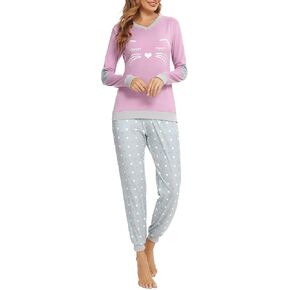Enjoyoself Women's Cotton Pajama Set Cat Print Lone Sleeves Top with Dot Pattern Bottom Nightwear Sleepwear