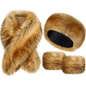 Ramede 3 Piece Faux Fur Collar Wrist Cuffs Headband with Stretch Snakeskin Print Winter Faux Fur Women's Neck Ear Arm Warmer Scarf Wrap for Women Girls Accessories in Kuwait