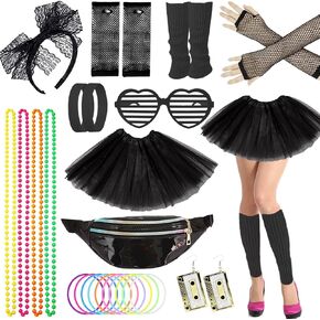 80s Fancy Dress for Women Girls, 80s Party Costume Accessories Set with Tutu Skirt, Retro Outfit for Party Dress up Day