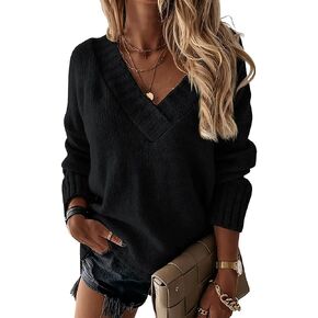 Womens Loose Sweaters Sexy V Neck Long Sleeve Solid Knitted Jumper Pullover Sweatshirt Tops