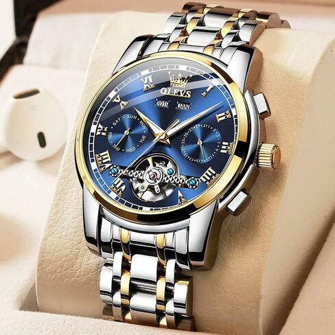 OLEVS Automatic Mechanical Men Watch,Day-Date-Month-and-Year Automatic Watch Men,Fashion Stainless Steel Watch Green&Blue&Black Face in Kuwait