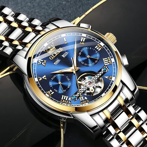 OLEVS Automatic Mechanical Men Watch,Day-Date-Month-and-Year Automatic Watch Men,Fashion Stainless Steel Watch Green&Blue&Black Face in Kuwait