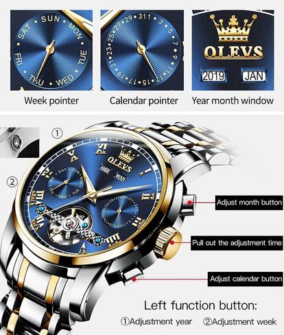 OLEVS Automatic Watch for Men Self Winding Mechanical Luxury Business Stainless Steel Multi Calendar Waterproof Luminous Wrist Watches in Kuwait
