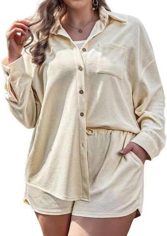 IN'VOLAND Plus Size Womens Waffle Knit Set Long Sleeve Top and Shorts 2 Piece Button Down Shirt with Pockets 16-28W in Saudi Arabia