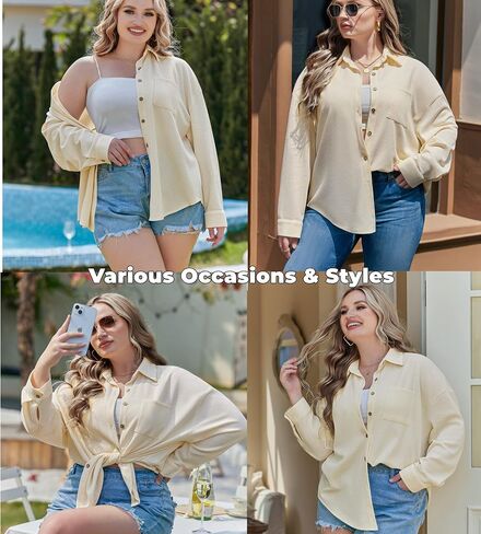 IN'VOLAND Plus Size Womens Waffle Knit Set Long Sleeve Top and Shorts 2 Piece Button Down Shirt with Pockets 16-28W in Saudi Arabia