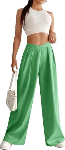 Vrtige Women's Criss Cross High Waist Pleated Wide Leg Long Pants Office Work Trousers in Saudi Arabia