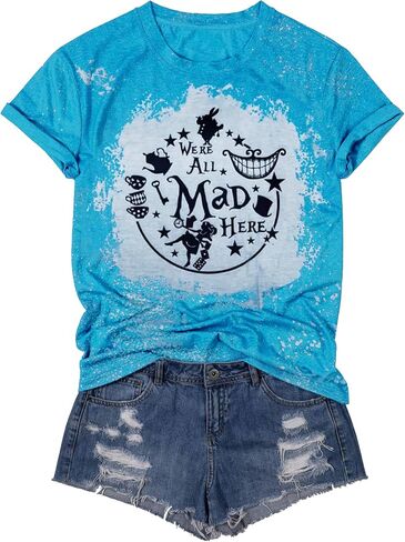 تي شيرت نسائي من ASTANFY We're All Mad Here برسومات سحرية، قمصان لطيفة للعطلات، قمصان كاجوال بأكمام قصيرة in Kuwait
