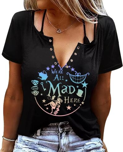 ASTANFY We're All Mad Here Shirt Women Magical Graphic Tees Cute Vacation Tops Casual Short Sleeve Shirts in Saudi Arabia