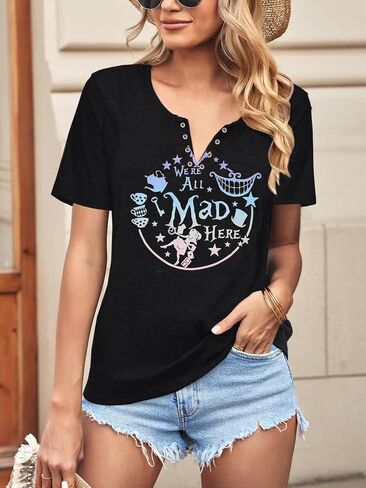 ASTANFY We're All Mad Here Shirt Women Magical Graphic Tees Cute Vacation Tops Casual Short Sleeve Shirts in Saudi Arabia