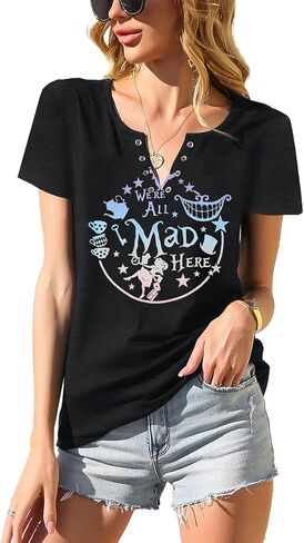 ASTANFY We're All Mad Here Shirt Women Magical Graphic Tees Cute Vacation Tops Casual Short Sleeve Shirts in Saudi Arabia