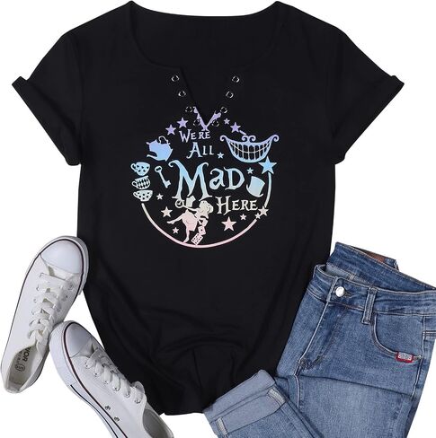 ASTANFY We're All Mad Here Shirt Women Magical Graphic Tees Cute Vacation Tops Casual Short Sleeve Shirts in Saudi Arabia