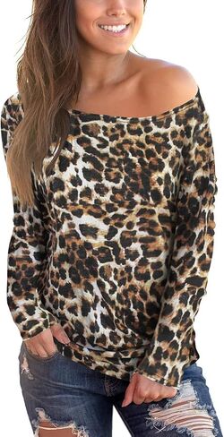 Cosonsen Women's Off Shoulder Top Long Sleeve Plaid Tee Shirt Blouse in Kuwait