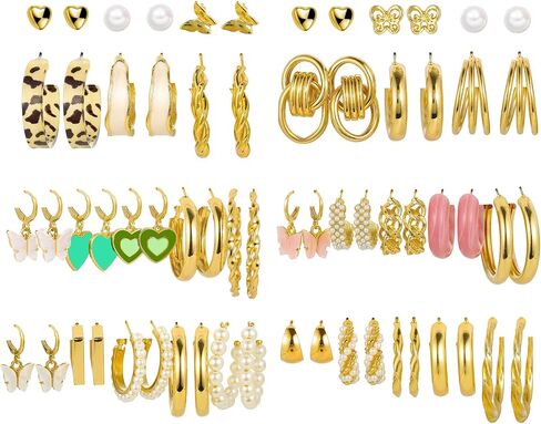 32 Pairs Gold Earrings Set Hoop Earrings Fashion Women Pearl Earring Dangle Earrings Butterfly Loving Jewelry Multipack Hypoallergenic Hoops for Birthday Party Gift in Saudi Arabia