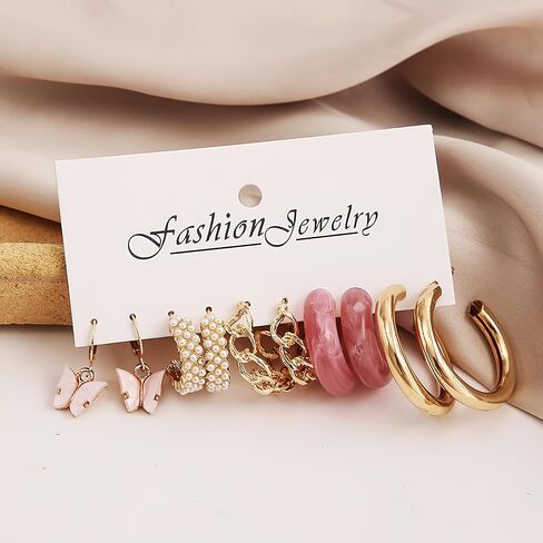 32 Pairs Gold Earrings Set Hoop Earrings Fashion Women Pearl Earring Dangle Earrings Butterfly Loving Jewelry Multipack Hypoallergenic Hoops for Birthday Party Gift in Saudi Arabia