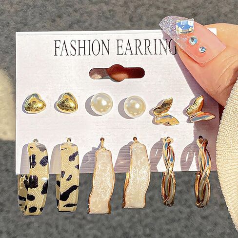 32 Pairs Gold Earrings Set Hoop Earrings Fashion Women Pearl Earring Dangle Earrings Butterfly Loving Jewelry Multipack Hypoallergenic Hoops for Birthday Party Gift in Saudi Arabia