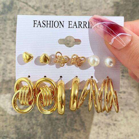 32 Pairs Gold Earrings Set Hoop Earrings Fashion Women Pearl Earring Dangle Earrings Butterfly Loving Jewelry Multipack Hypoallergenic Hoops for Birthday Party Gift in Saudi Arabia