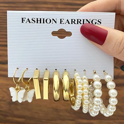 32 Pairs Gold Earrings Set Hoop Earrings Fashion Women Pearl Earring Dangle Earrings Butterfly Loving Jewelry Multipack Hypoallergenic Hoops for Birthday Party Gift in Saudi Arabia