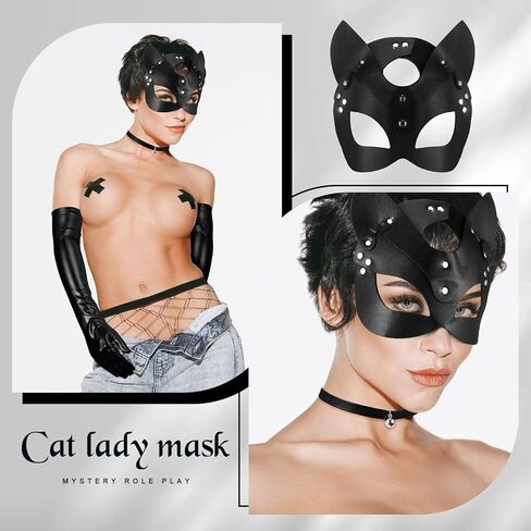 Liitrsh 4 Pcs Women Halloween Leather Cat Cosplay Costume, Including Cat Mask Animal Half Face Mask, Wet Look Black Long Gloves, Leather Black Whip, Choker Necklace with Bell for Halloween Party in Saudi Arabia