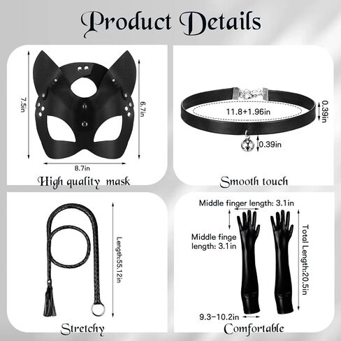 Liitrsh 4 Pcs Women Halloween Leather Cat Cosplay Costume, Including Cat Mask Animal Half Face Mask, Wet Look Black Long Gloves, Leather Black Whip, Choker Necklace with Bell for Halloween Party in Saudi Arabia