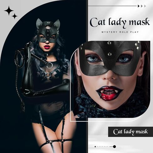Liitrsh 4 Pcs Women Halloween Leather Cat Cosplay Costume, Including Cat Mask Animal Half Face Mask, Wet Look Black Long Gloves, Leather Black Whip, Choker Necklace with Bell for Halloween Party in Saudi Arabia