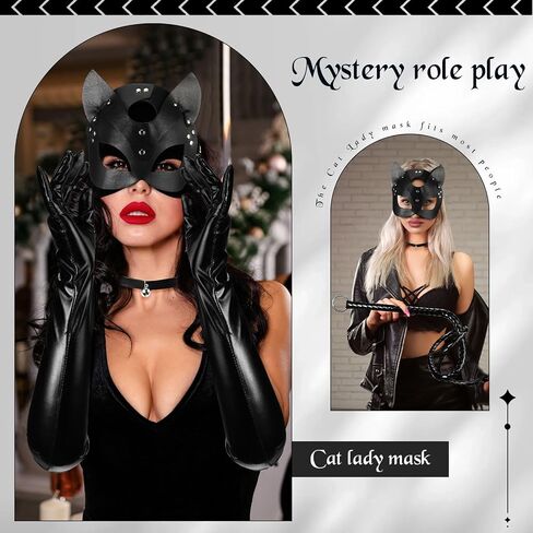 Liitrsh 4 Pcs Women Halloween Leather Cat Cosplay Costume, Including Cat Mask Animal Half Face Mask, Wet Look Black Long Gloves, Leather Black Whip, Choker Necklace with Bell for Halloween Party in Saudi Arabia
