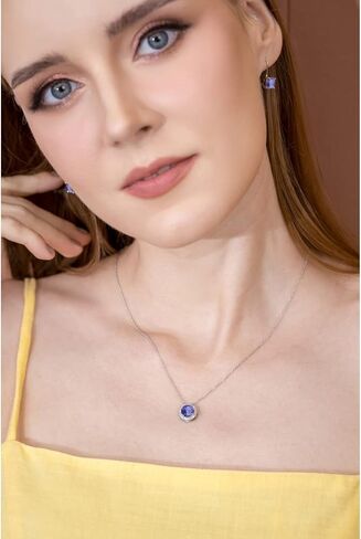 B. BRILLIANT Sterling Silver 8mm Round Genuine, Created or Simulated Gemstone & White Topaz Halo Slide Pendant Necklace for Women Girls in Kuwait