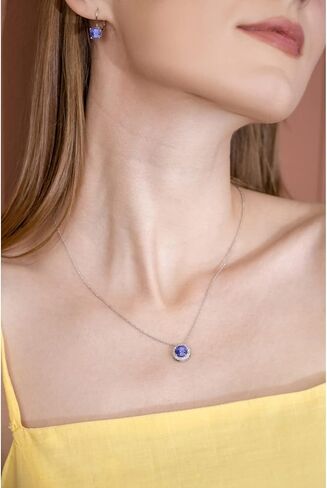 B. BRILLIANT Sterling Silver 8mm Round Genuine, Created or Simulated Gemstone & White Topaz Halo Slide Pendant Necklace for Women Girls in Kuwait