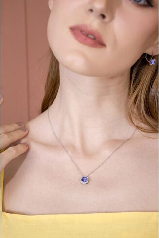 B. BRILLIANT Sterling Silver 8mm Round Genuine, Created or Simulated Gemstone & White Topaz Halo Slide Pendant Necklace for Women Girls in Kuwait