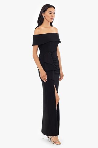 Xscape Women's Long Off The Shoulder Scuba Crepe Slit Dress (Reg and Petite) in Kuwait