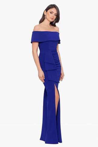 Xscape Women's Long Off The Shoulder Scuba Crepe Slit Dress (Reg and Petite) in Kuwait
