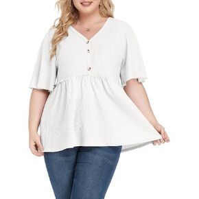 POSESHE Womens Long Sleeve L-5X Plus Size Waffle Knit Tunic Tops Button Up V Neck Loose Fit Henley Tshirt in Kuwait