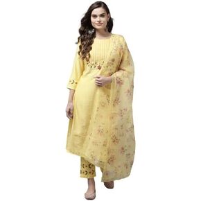 UGAM TRADING للنساء 3/4 كم مزيج الحرير برقبة دائرية على شكل حرف A كورتي مع دوباتا - أصفر in Kuwait