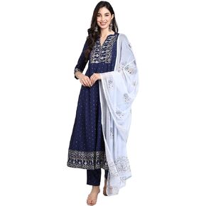 Rajnandini Navy Blue Rayon Embroidered Kurta Set with Pants & Dupatta for Women (JOPLVL262-P) in Saudi Arabia