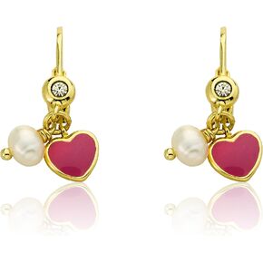 Little Miss Twin Stars Kids Earrings - 14K Gold Plated Leverback Earring With Fresh Water Pearl - Hypoallergenic and Nickel Free For Sensitive Ears