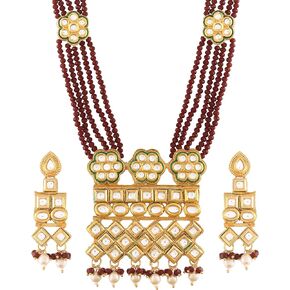 I Jewels 18K Gold Plated Indian Wedding Bollywood Uncut Polki Kundan Multi Strand Brass Necklace Jewelry Set With Earrings for Women (ML252)