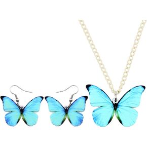 DUOWEI Acrylic Morpho Butterfly Earrings And Chain Necklace Monarch Butterfly Jewelry Sets Charms Insect Dangle Drop Pendant Ornament Gifts for Women Girls Teens