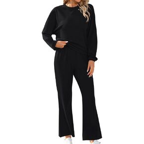 بدلة رياضية نسائية كاجوال ناعمة وواسعة الساق وأكمام طويلة من AOMONI مكونة من قطعتين in Kuwait