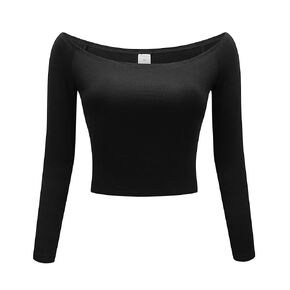 OThread & Co. Women's Off Shoulder Long Sleeve Crop Top Comfy Basic Stretch Layer Shirt