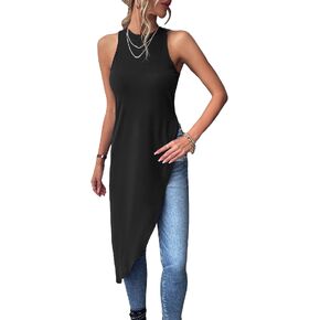 Milumia Women's Asymmetrical Hem Crew Neck Long Tank Top Sleeveless Tunic Tops Shirts