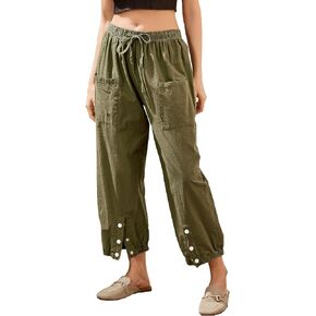 Amlztr Women's Cropped Drawstring Waist Wide Leg Loose Cotton Linen Capri Pants for Women in Kuwait