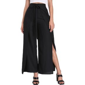 LuFeng Women's Elegant Tie Front High Waist Belted Flowy Side Split Wide Leg Long Casual Pants
