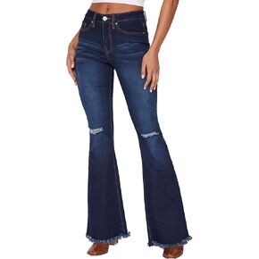 YMI Womens High-Rise Flare Jean with Frayed Hem-Long Inseam