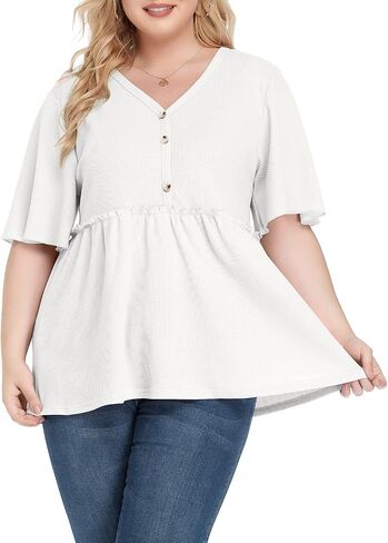 POSESHE Womens Long Sleeve L-5X Plus Size Waffle Knit Tunic Tops Button Up V Neck Loose Fit Henley Tshirt in Kuwait