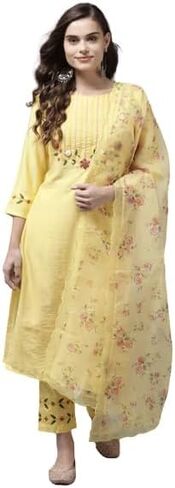 UGAM TRADING للنساء 3/4 كم مزيج الحرير برقبة دائرية على شكل حرف A كورتي مع دوباتا - أصفر in Kuwait