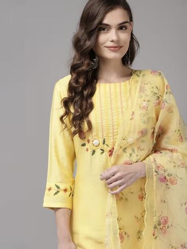 UGAM TRADING للنساء 3/4 كم مزيج الحرير برقبة دائرية على شكل حرف A كورتي مع دوباتا - أصفر in Kuwait