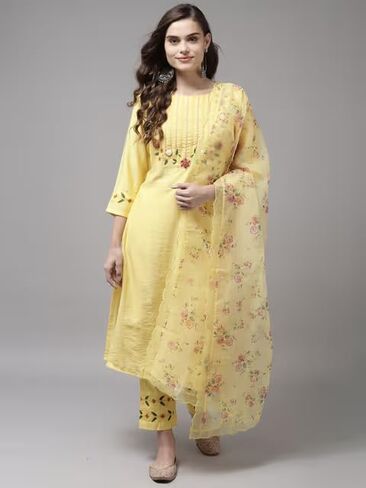 UGAM TRADING للنساء 3/4 كم مزيج الحرير برقبة دائرية على شكل حرف A كورتي مع دوباتا - أصفر in Kuwait