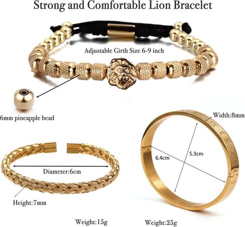 LL&TIFNIY 3 قطع أساور من الفولاذ المقاوم للصدأ للرجال وسوار خرز على شكل أسد in Kuwait