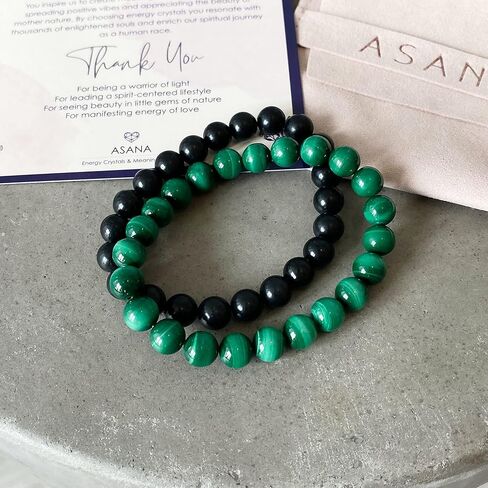 سوار مالاكيت مع شونجيت من اسانا، سوار كريستال للحماية من الاحجار الكريمة - سوار مالاكيت من الاحجار الكريمة الطبيعية، سوار شونجيت للرجال والنساء، كريستال، مالاكيت, كريستال, مالاكيت، شونجيت in Kuwait