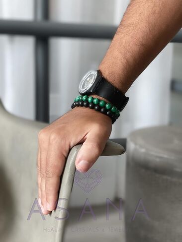سوار مالاكيت مع شونجيت من اسانا، سوار كريستال للحماية من الاحجار الكريمة - سوار مالاكيت من الاحجار الكريمة الطبيعية، سوار شونجيت للرجال والنساء، كريستال، مالاكيت, كريستال, مالاكيت، شونجيت in Kuwait