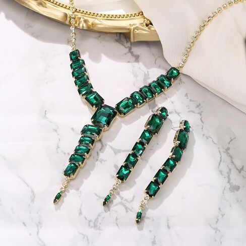 BriLove Women's Fashion Rhinestone Square Necklace Dangle Earrings Sparkly Crystal Geometric Statement Jewelry Set for Party Prom in Kuwait